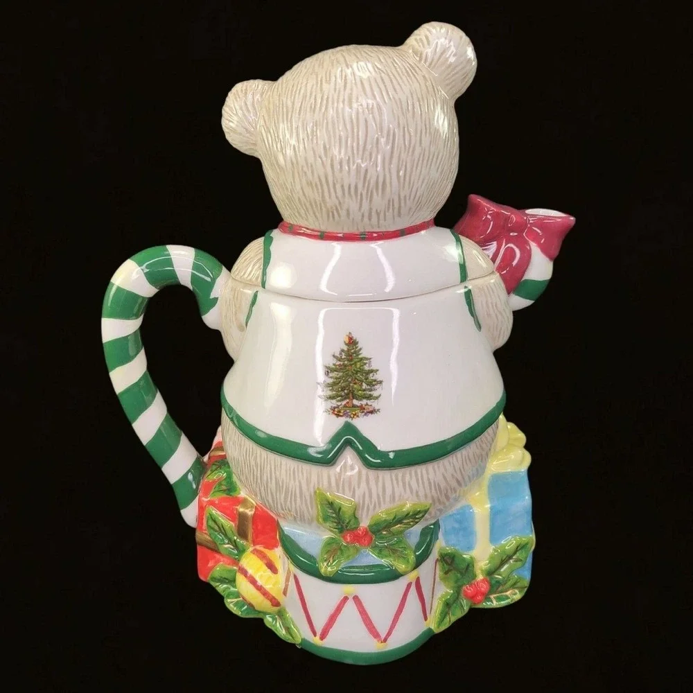 Spode Christmas Tree Green Trim Teddy Bear Tea Pot Teapot With Lid Box Holiday